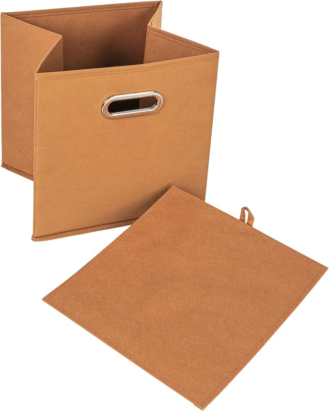 Household Essentials Fabric Storage Cube Bins, 6 Piece Set, Strong Poly-Woven Fabric, Chipboard Sides, Grommet Front Handle, Stackable and Foldable, Classic Design, Terracotta Color