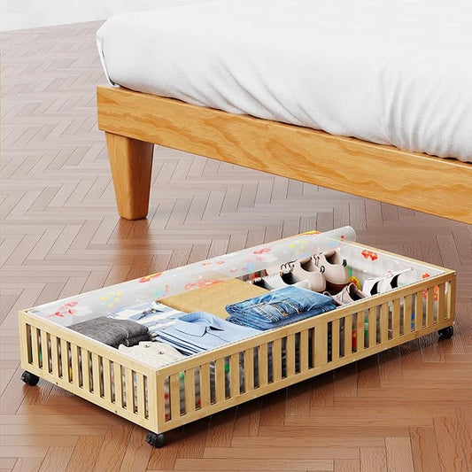 Bamboo Under Bed Storage Containers, UnderBed Storage with Wheels & 90L Large Capacity Dust Bag, Sturdy Rolling Under Bed Clothes Storage for Shoes Toy Book, Nature, 1Pack (37.48" × 20.08")-NeatNest