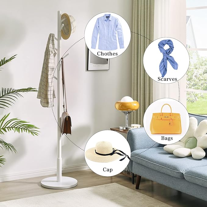 IBUYKE Coat Rack Stand, Freestanding Coat Tree with Solid Round Base and 8 Hooks, Easy Assembly Wooden Coat Hanger, Clothes Rack for Hallway Entryway, Living Room, Bedroom, Office, White WD-114-NeatNest