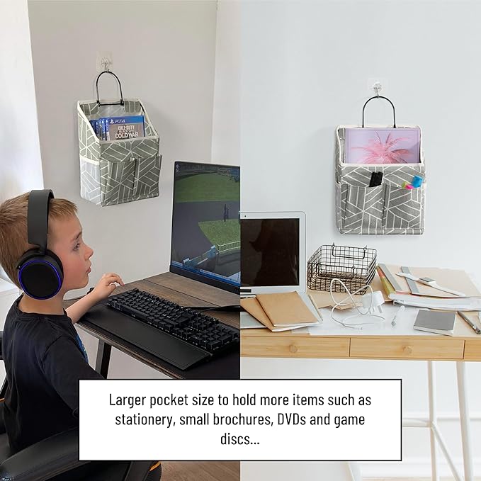 2pcs Wall Hanging Storage Bag, Small Door Closet Linen Fabric Pockets Organizer, Waterproof Multi Functional for Living Room Bedroom Bathroom Kitchen RV Camper with Hooks Pattern Grey-NeatNest