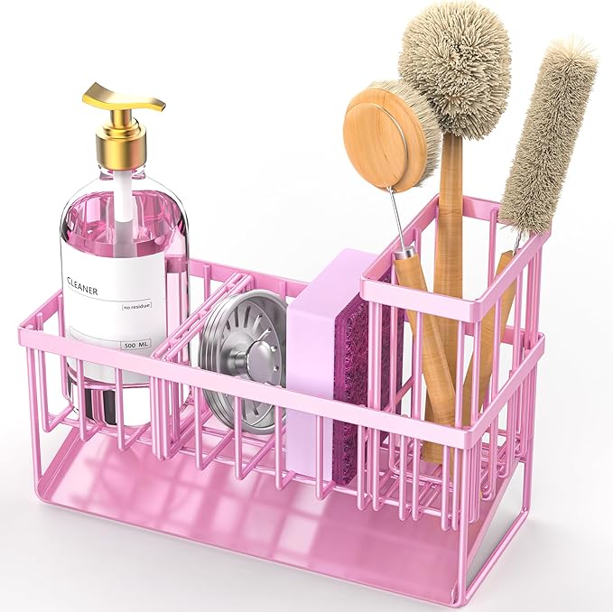 Cisily Pink Kitchen Sink Caddy Organzier with High Brush Holder, Sponge Holder for Sink, 304 Rustproof Stainless, Kitchen Countertop Soap Dispenser Organizer-NeatNest