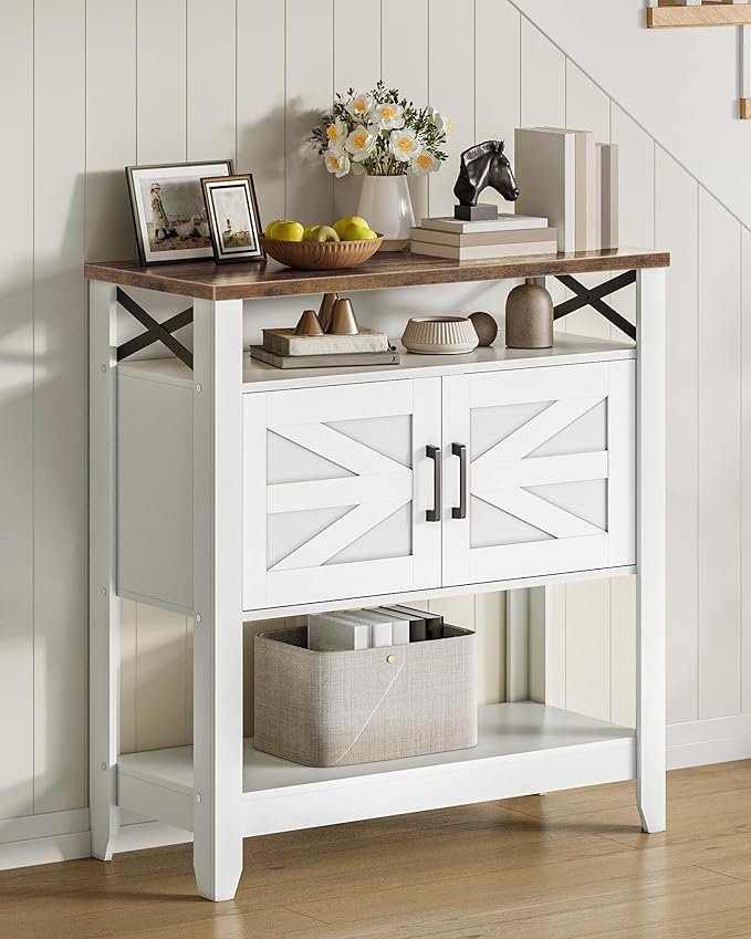 Console Table, Farmhouse Sofa Table with Power Outlet, Entryway Table with Cabinet and Open Shelves, Coffee Bar Cabinet with Storage for Entrance, Hallway, Kitchen, White and Walnut MXG01UWL-NeatNest