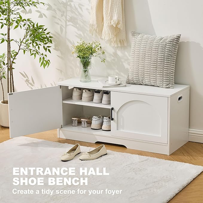 Shoe Bench, Entryway Storage Bench with 2 Doors, Shoe Rack Adjustable Shelves, Shoe Cabinet with Storage, 31.5" W x 13.8" D x 18.1" H for Entryway, Living Room, Hallway, Mudroom, Bedroom, White