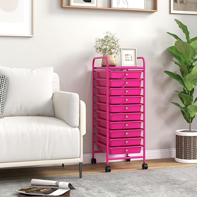 Giantex 10-Drawer Storage Cart w/Universal Wheel, Rolling Cart w/Handle, Home Organizer Storage Unit w/Removable Drawers, Trolley Utility Cart for Kitchen Makeup Living Room Office Play Room, Hot Pink