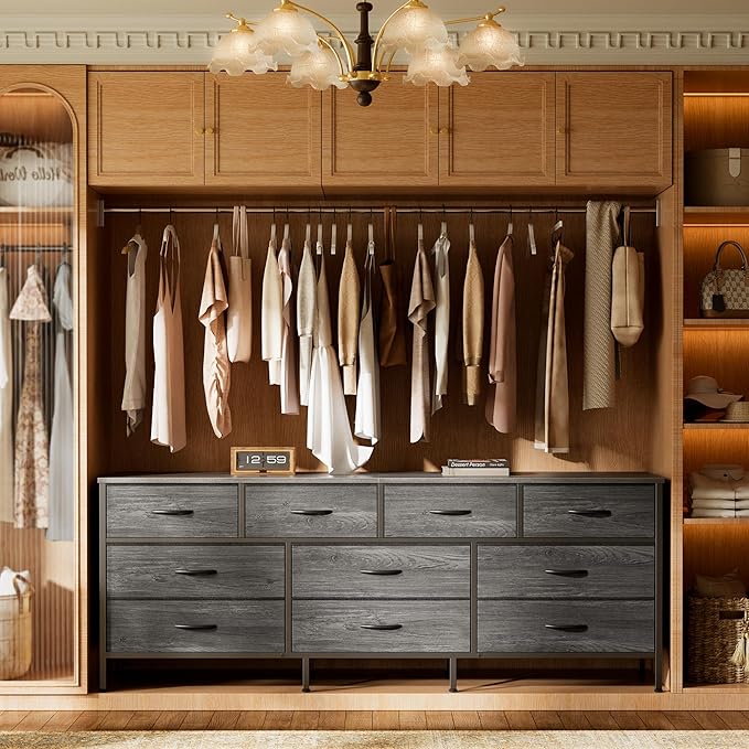 Huuger 63 Inch Dresser for Bedroom, Long Dresser with 10 Fabric Drawers, TV Stand for 55, 65, 70 Inch TV, Toy Storage Organizer for Closet, Grey-NeatNest