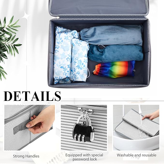 Discreet Lockable Adult Toy Storage Organizer Adult Toy Bag Storage Bins Case with Zipper Lid 15 x 10 x 5.9 Inches for Women and Men Clothes Container(Gray Stripes)-NeatNest