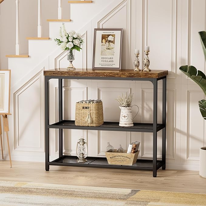 32" Small Console Table, 3-Tier Entryway Table, Sofa Table with Mesh Shelves, Console Tables for Living Room, Bedroom, Hallway, Entryway, Foyer, Rustic Brown-NeatNest