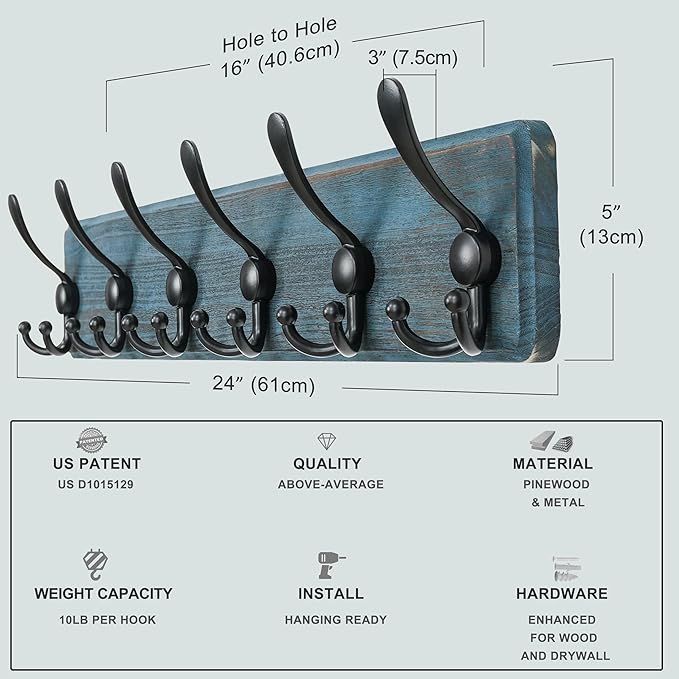 Dseap Coat Rack Wall Mounted - 24" Long 6 Tri Hooks, Heavy Duty Wooden Wall Coat Hanger Coat Hook for Clothes Hat Jacket Clothing, Weathered Blue and Black, Pack of 2