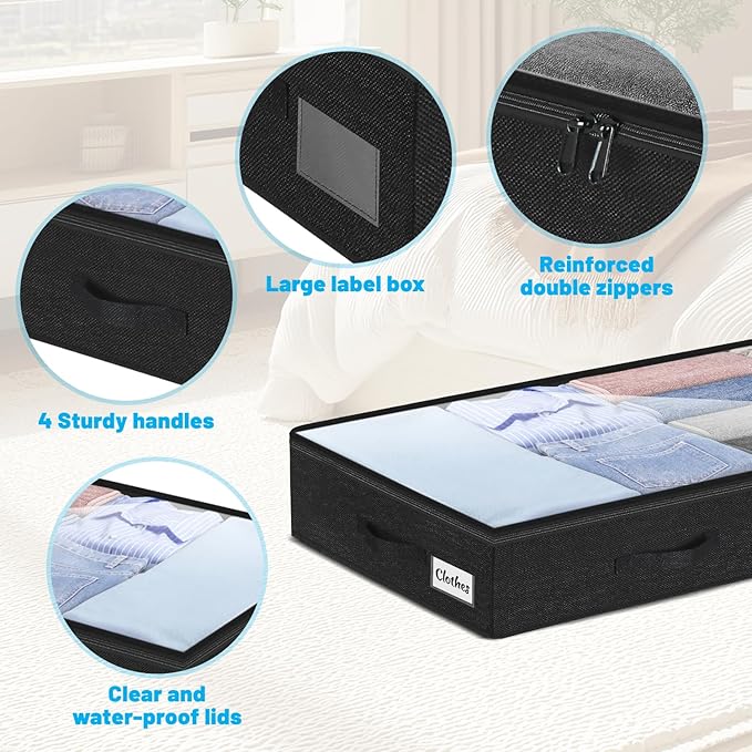 4 Inch Low Profile Under Bed Storage Drawer 4 Pack, Lightweight Underbed Clothes Storage Container Bins with NO STURCTURE, Shallow Storage Bag for Dorm & Home, With Clear Lids and Waterproof Fabric-NeatNest