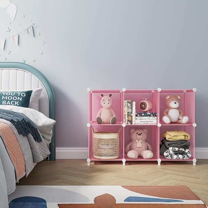 HOMIDEC 6-Cube Storage Shelf, Storage Bookcase Bookshelf with Metal Hammer, Storage Cubes Organizer Cabinet for Kids, Closet, Bedroom, Bathroom, (11.8x11.8x11.8 inch), Light Pink-NeatNest