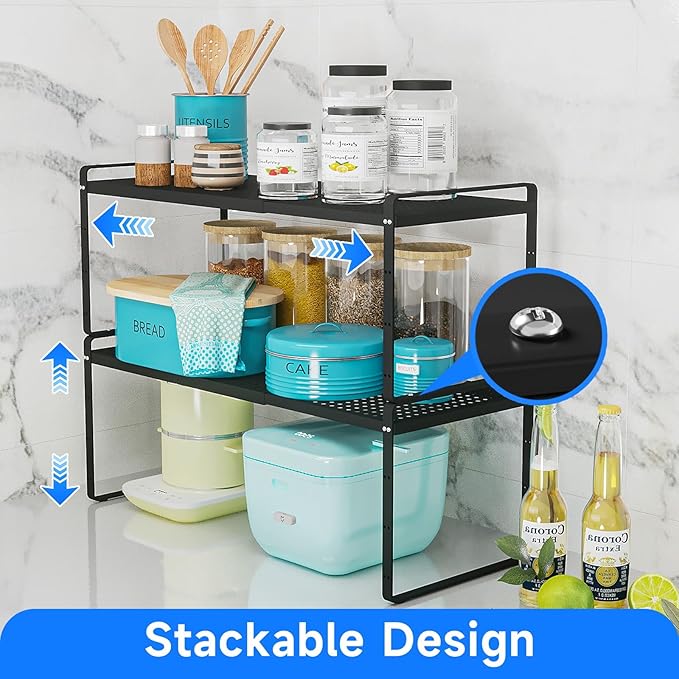 Expandable Cabinet Shelf Organizers, Kitchen Small Stand Rack Organization for Countertop Cupborad Pantry, Black 1 Pack-NeatNest