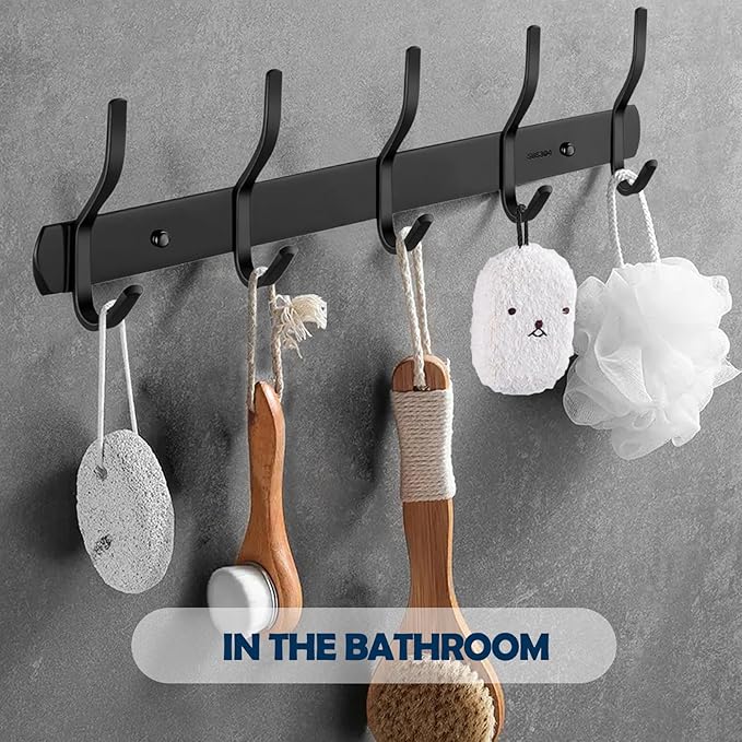 2 Pack 5 Two-Hooks Coat Rack Wall Mounted - Thickened 304 Stainless Steel Coat Hooks, 16 Inches Rustproof Hook Rack Wall Mount, Anti-Sliding Towel Hooks, Holding up to 44 lbs, Matte Black