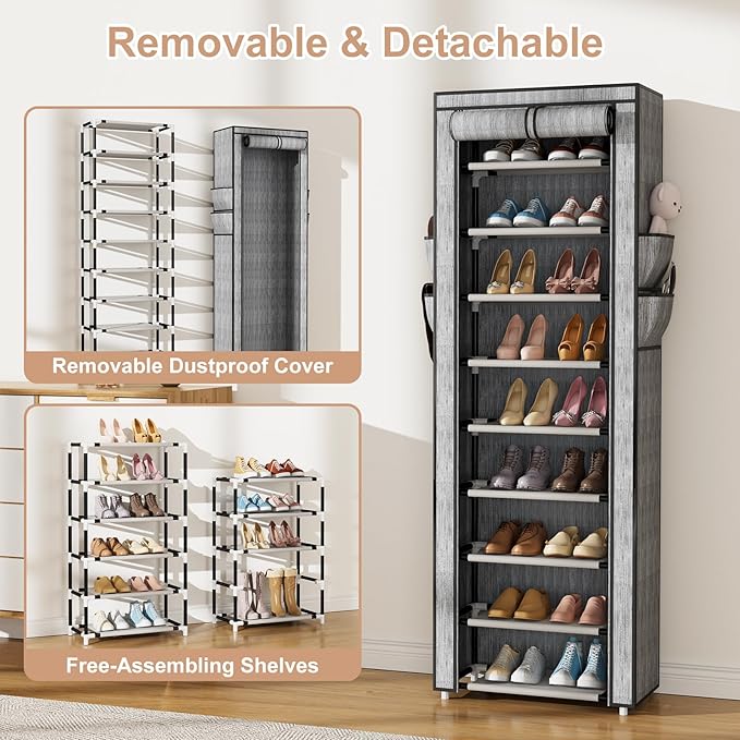 Shoe Rack with Cover Narrow Shoe Rack Organizer with 4 Side Pockets 10 Tier Tall Shoe Storage Shoe Shelf Holds 18-22 Pairs Shoes and Boots Shoe Rack for Closet, Printing-NeatNest