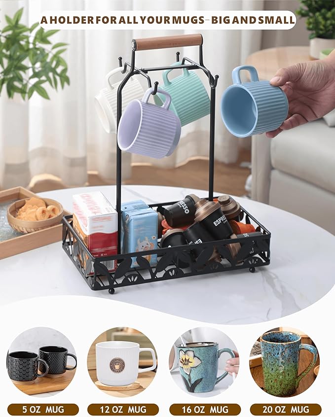 Coffee Mug Holder for Countertop, Mug Tree & Mug Rack with Storage Basket, 2-in-1 Organizer Holds 4 Large Mugs, Kitchen Cup Holder for Coffee Bar Accessories, Pods & Tea Bags, Black Metal with Handle-NeatNest