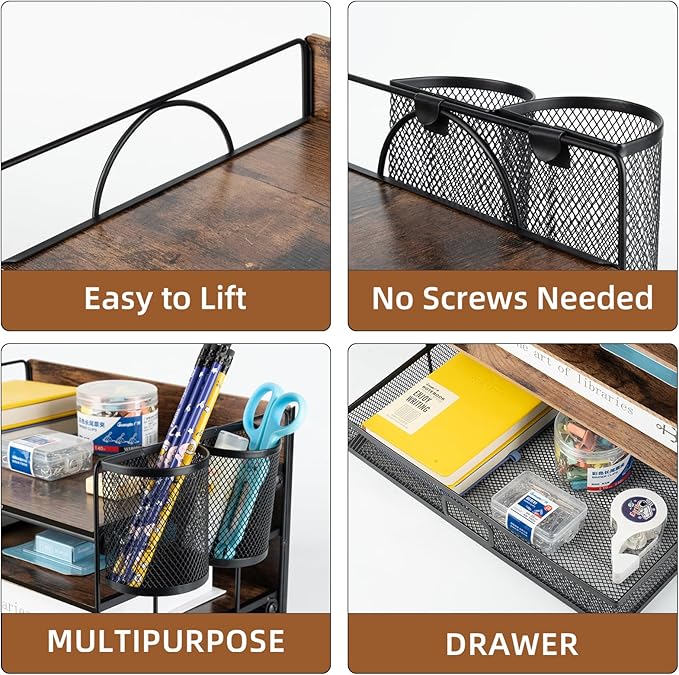 4 Tier Desk Organizers and Accessories, Paper Letter Tray Organizer,Vintage Wood Desk File Organizer with Drawer and 2 Pen Holders for School Home Office Supplies