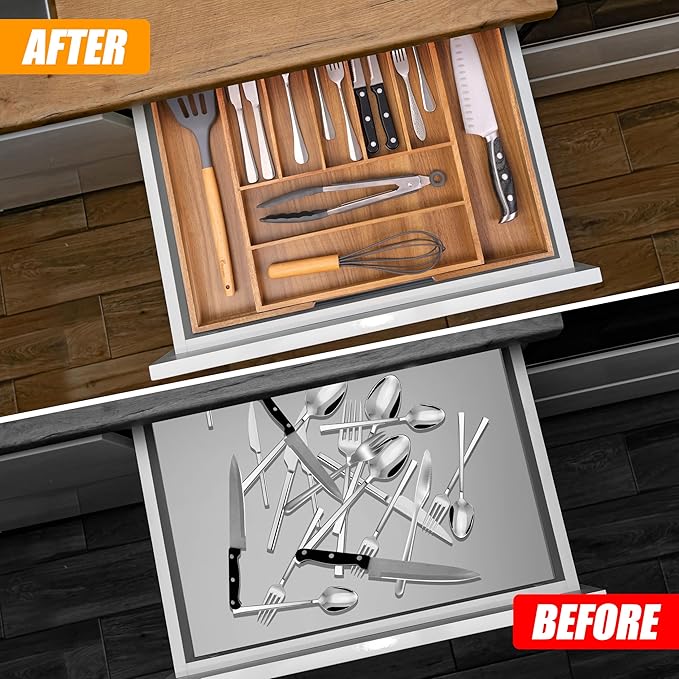 Bellsal Large Premium Acacia Wood Silverware Organizer - Expandable Utensil Drawer Organizer - 17"x19.6" Utensil Holder and Cutlery Tray with Grooved for Kitchen Flatware Utensils(7-9 Slot, Acacia)-NeatNest