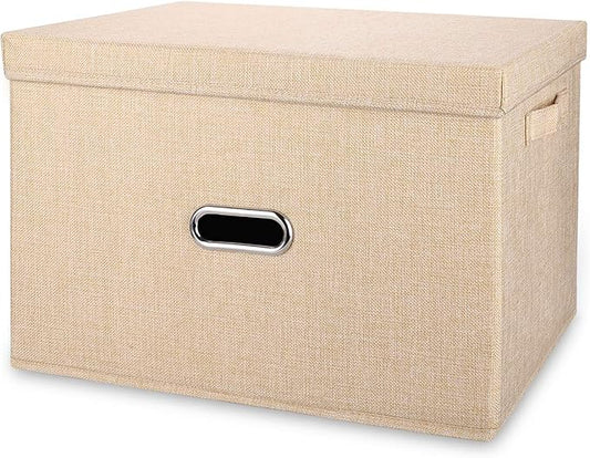 Large Linen Fabric Foldable Storage Bins with Removable Lid and Handles, Washable Storage Box Organizer Containers Baskets Cube with Cover for Bedroom,Closet,Office (Khaki, Extra Large)-NeatNest