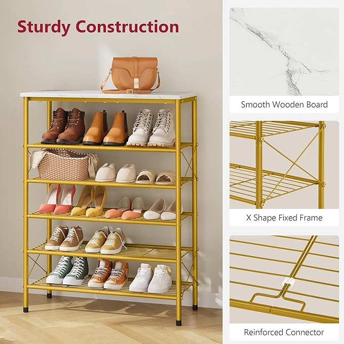Tajsoon 6 Tier Shoe Rack Organizer for 20-24 Pairs of Shoes, Metal Mesh Shoe Shelf for Closet, Industrial Shoe Rack for Entryway Shoe Storage with X Shape Fixed Frame, White & Gold-NeatNest