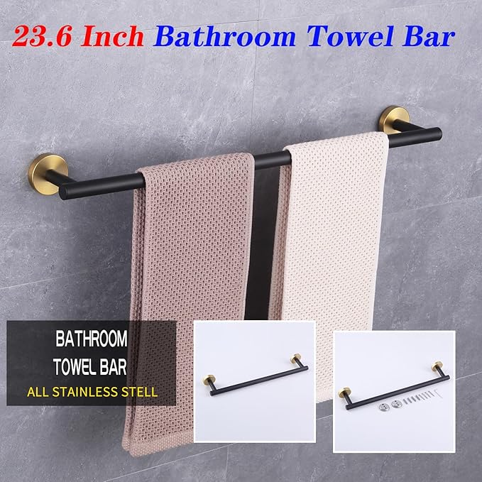 GERZWY SUS 304 Stainless Steel 24-Inch Bathroom Towel Bar Modern Round Style Bath Towel Bar Wall Mount (Black & Gold) AG1101C60-BD
