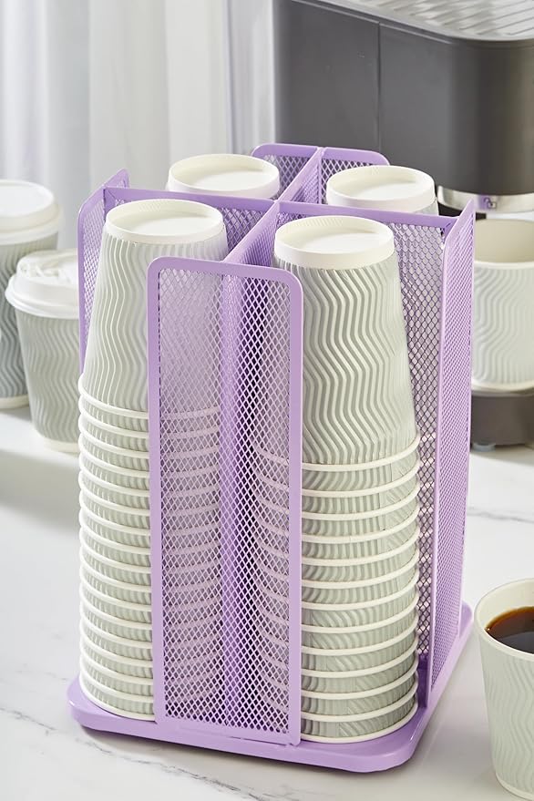 Annova Paper/Plastic Cup and Lid Holder Storage Organizer, 360°Rotating Coffee Cup Dispenser with 4 Compartments, Multifunctional Storage Rack for Home, Office, Bar, Coffee Shop (Light Purple)-NeatNest