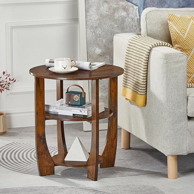 Round End Table with Storage Shelf,3 Tier Modern Side Table, Sofa Recliner Side Table,Accent Coffee Table,Nightstand for Living Room Bedroom for Small Spaces,19.7" D x 21.7" H