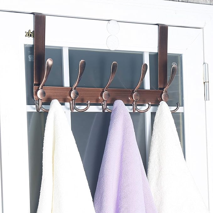 SKOLOO Over The Door Hook - for Doors up to 1-3/4'' Thickness, Pack of 2, Metal Door Hanger with 5 Triple Hooks, Copper Red Over The Door Hanger for Coats, Hats,Towels, Assembly Required