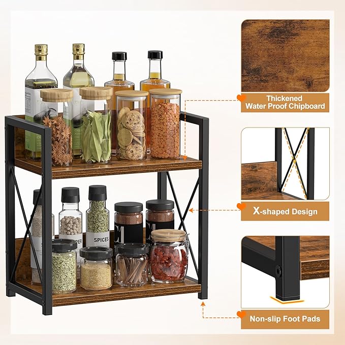 Giikin Kitchen Countertop Organizer, 2 Tier Spice Rack Organizer for Pantry, Kitchen Counter Shelf Wood Coffee Station Organizer (Brown, M)-NeatNest