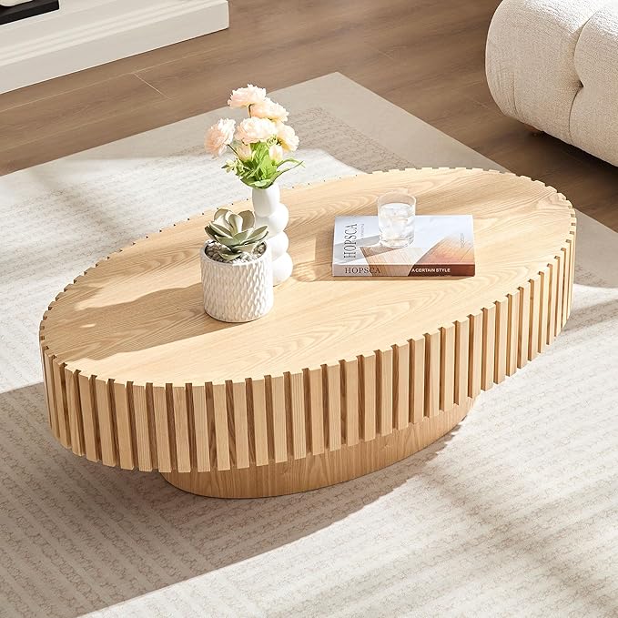 Kevinplus Oak Oval Modern Coffee Table for Living Room, Contemporary Circle Fluted Drum, Easy Assembly, Wood (43.7'' x 24.8'' x 13.38'')