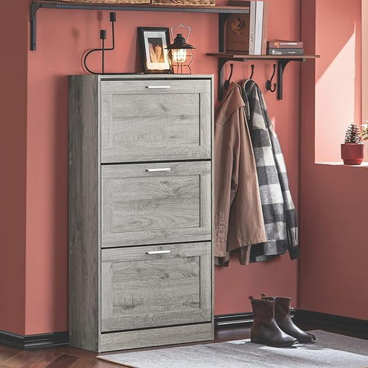 Haotian Shoe Storage Cabinet Entryway, Freestanding Shoe Cabinet with 3 Flip-Drawers Fully Enclosed Tall Shoe Rack Shoe Organizer, Grey, FSR137-L-HG-NeatNest