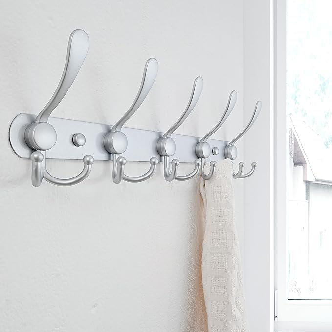 Dseap Coat Rack Wall Mounted - 5 Tri Hooks, Heavy Duty, Stainless Steel, Metal Coat Hook Rail for Coat Hat Towel Purse Robes Mudroom Bathroom Entryway (Silver, Pack of 2)-NeatNest