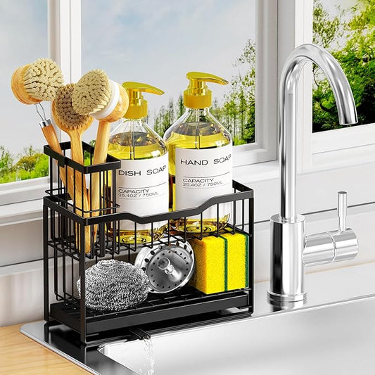 2-Tier Kitchen Sink Caddy with High Brush Holder&Self-Draining Tray,Rustproof&Non-Slip Sink Sponge Holder,Kitchen Countertop Storage Organizer,Soap Dispenser Storage - Black-NeatNest