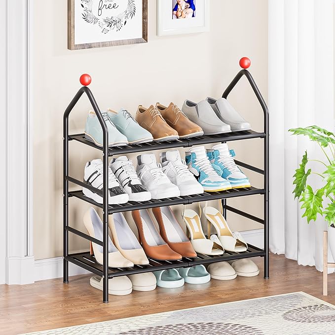 Shoe Rack, 3-Tier Shoe Organizer, Metal Storage Shelf, Shoe Rack for Closet, Free Standing Shoe Racks for Entryway, Garage & Doorway, Sturdy Shoe Shelves, Black-NeatNest