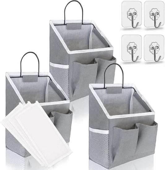 3pcs Small Wall Hanging Organizer Bag, Linen Fabric Door Hanging Storage Basket with Pockets, Waterproof Bin for Kitchen, Bedroom, Office, RV Camper (Gray)-NeatNest