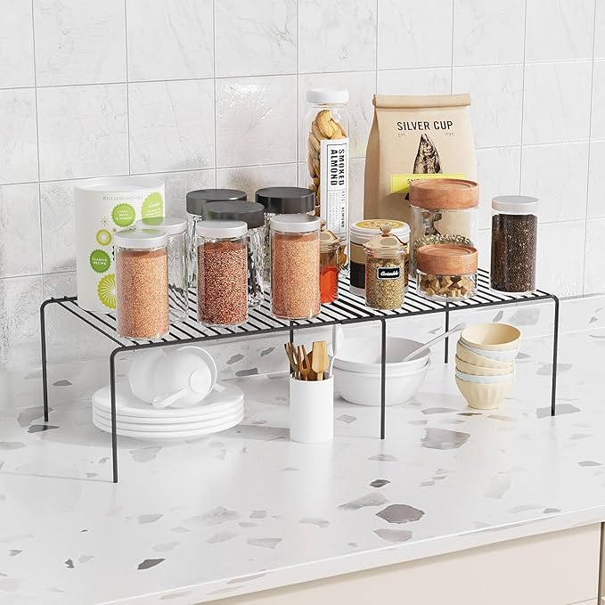 Expandable Storage Shelf, Pantry Organizers and Storage, Adjustable Rustproof Metal Wire Spice Rack, Space Saver Kitchen Storage Shelves for Pan, Pot, Countertop, Drawer, Fridge, Set of 6, Black-NeatNest