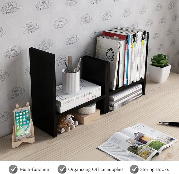 Jerry & Maggie Desktop Organizer Office Storage Rack Adjustable Wood Display Shelf Free Style Double H, Multi-Functional Mini Bookshelf for Desk Natural Stand (Black)-NeatNest