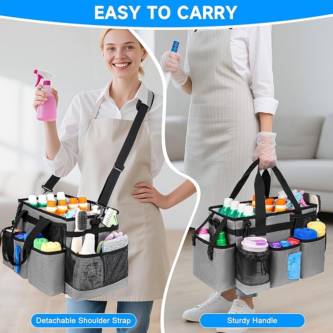 Cleaning Caddy Bag, Cleaning Supplies Organizer for Housekeepers, Housekeeping Caddy with Handle and Detachable Padded Cushion, Gray-NeatNest