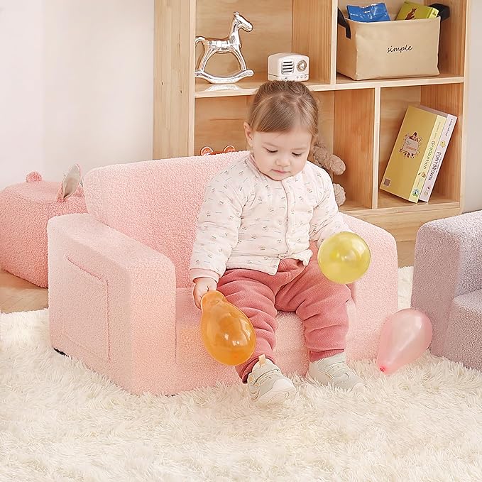 2-in-1 Toddler Chair Sherpa Couch - Soft Kids Lounger for Bedroom, Convertible Sofa for Girls and Boys, Reading Chair, Pink-NeatNest