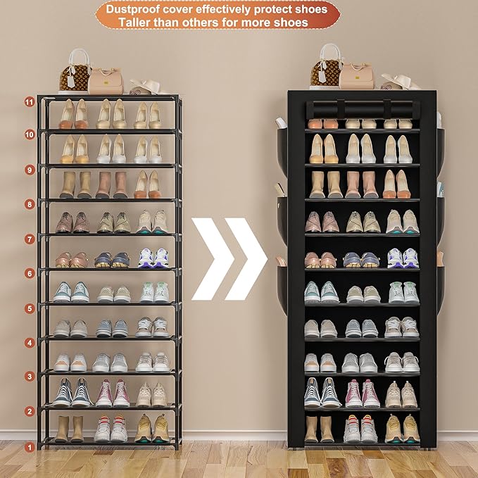 Large Shoe Rack, Black, 6 Side Pockets, 23.6" Wide x 11.4" Deep x 68.9" Tall, 36-41 Pairs of Shoes-NeatNest