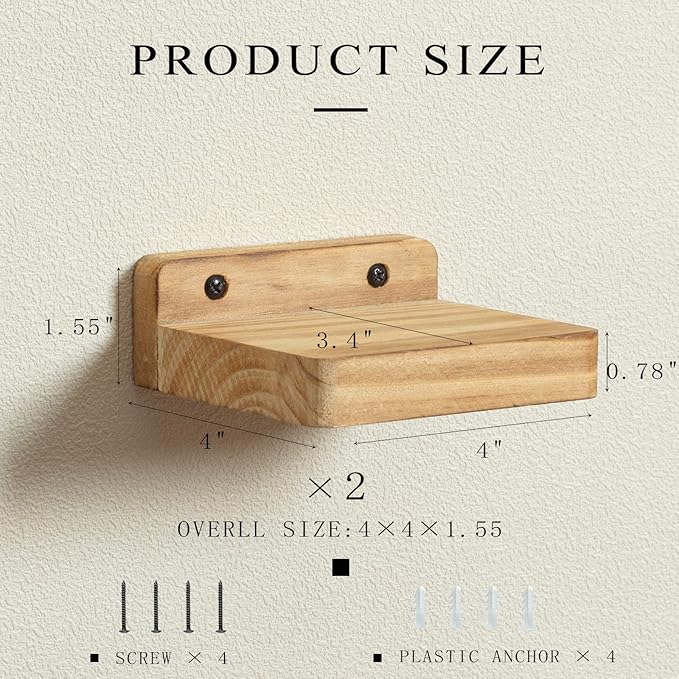 Freezing point Small Floating Shelf for Wall Set of 2 Natural Wood 4Inch Mini Wall Shelves Decor Plant Display Collectibles Mounted Kitchen Bathroom Bedroom Corner Decorative Storage Tiny Stand-NeatNest