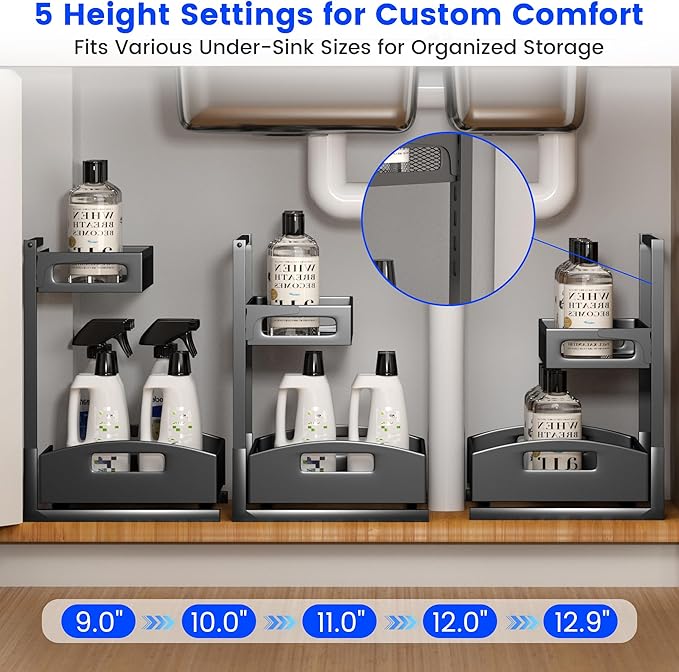 Under Sink Organizer,2 Pack Height Adjustable Under Sink Organizers and Storage, 2 Tier Under Sink Storage for Kitchen Bathroom Cabinet-NeatNest