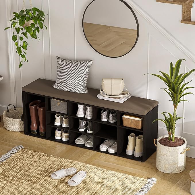 DINZI LVJ Shoe Storage Bench with Cushion, 15-Cubby Shoe Rack, Adjustable Shelves, Long Shoe Organizer Bench for Entryway, Mudroom, Hallway, Living Room, Bedroom and Garage-NeatNest