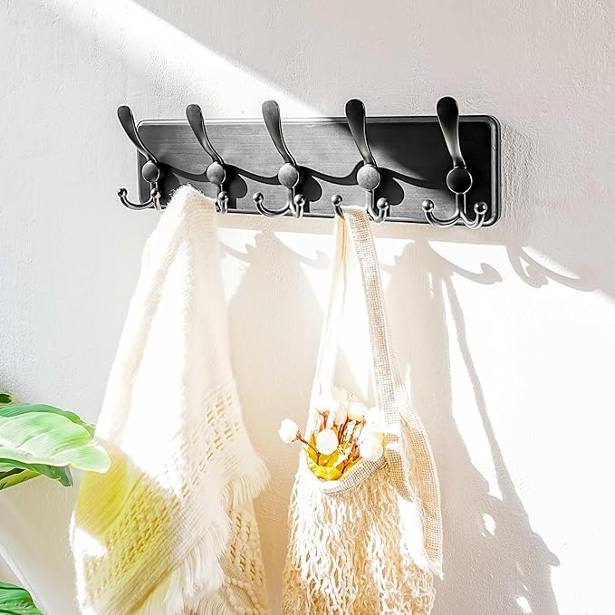 Dseap Coat Rack Wall Mounted - 5 Tri Hooks, Heavy Duty, Wooden Wall Coat Hanger Coat Hook for Clothes Hat Jacket Clothing, Black