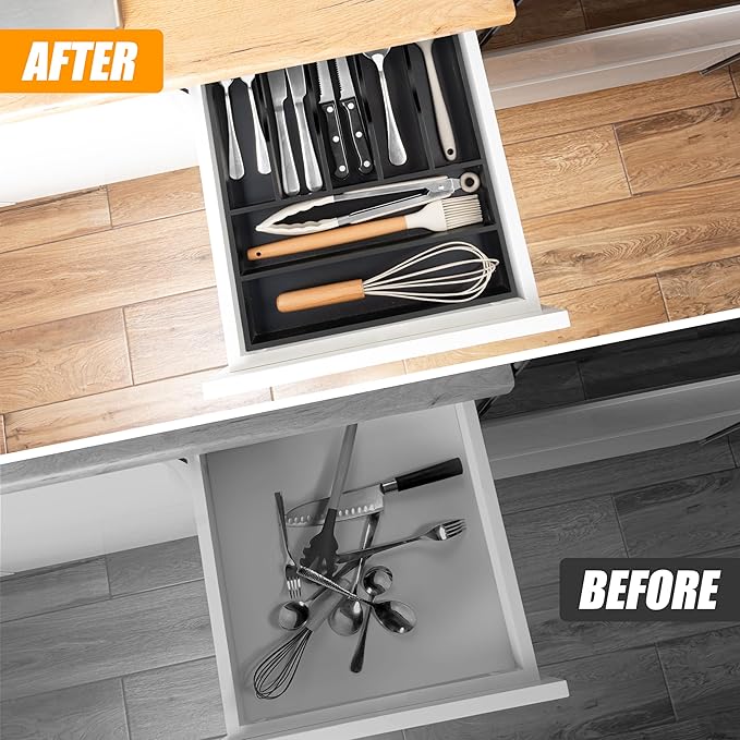 Bellsal Bamboo Silverware Drawer Organizer, Utensil Kitchen Drawer Organizer, Utensil Holder Cutlery Tray with Grooved Drawer Dividers for Kitchen Utensils and Flatware Bedroom Office (7 Slot, Black)-NeatNest