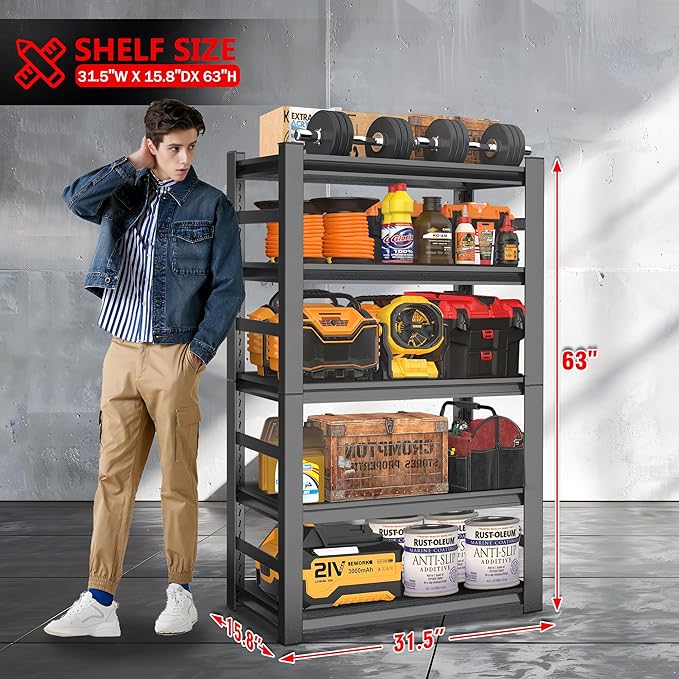 63" H Garage Shelving 3000LBS Heavy Duty Steel Shelving Units, Adjustable 5 Tier Metal Industrial Garage Storage Shelves for Kitchen,Utility Room and Basement, 31.5''Wx15.87''Dx63''H, Black
