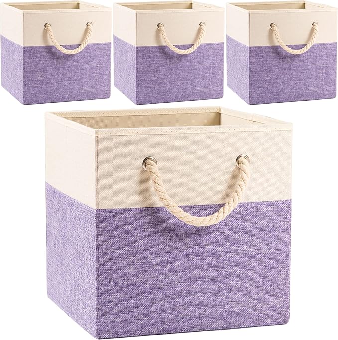 PRANDOM Large Foldable Cube Storage Bins 13x13 inch [4-Pack] Fabric Linen Storage Baskets Cubes Drawer with Cotton Handles Organizer for Shelves Nursery Closet Bedroom Purple-NeatNest