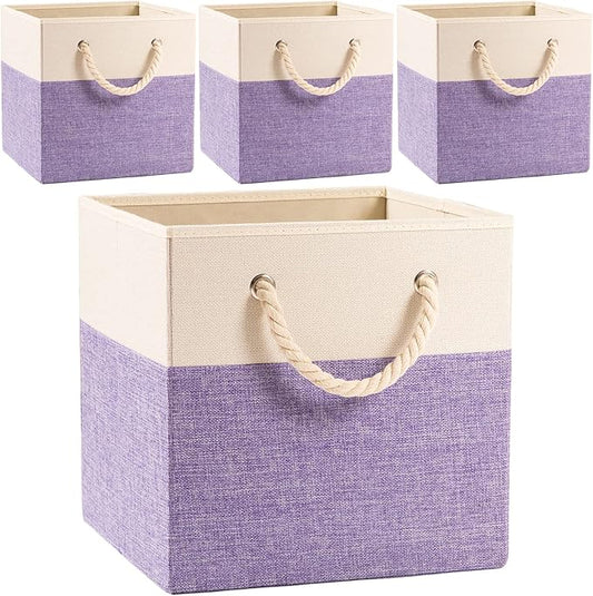 PRANDOM Large Foldable Cube Storage Bins 13x13 inch [4-Pack] Fabric Linen Storage Baskets Cubes Drawer with Cotton Handles Organizer for Shelves Nursery Closet Bedroom Purple-NeatNest