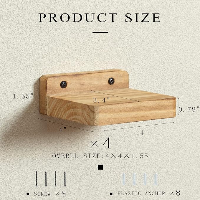 Freezing point Small Floating Shelf for Wall Set of 4 Natural Wood 4Inch Mini Wall Shelves Decor Plant Display Collectibles Mounted Kitchen Bathroom Bedroom Corner Decorative Storage Tiny Stand-NeatNest