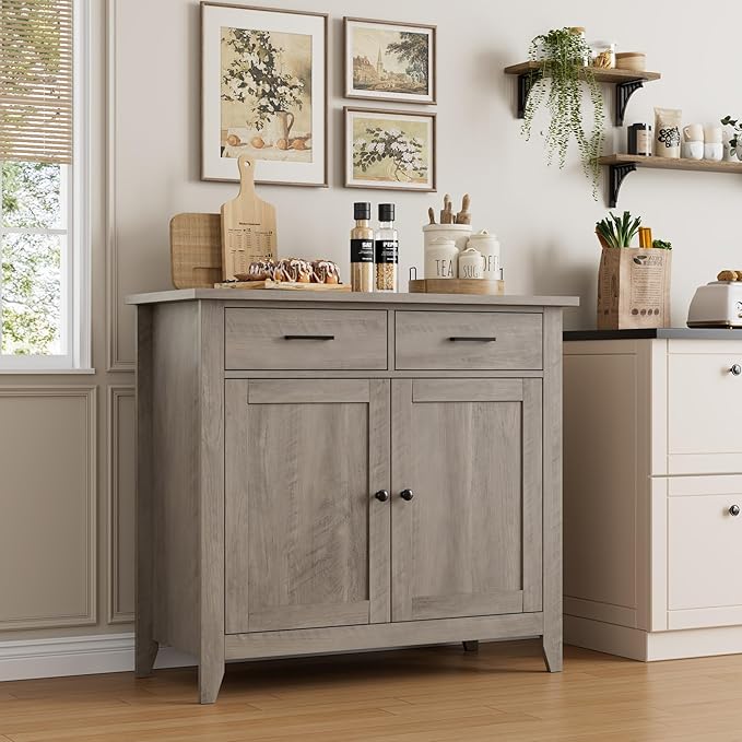 HORSTORS Kitchen Storage Cabinet, Modern Farmhouse Buffet Cabinet with Storage, Coffee Bar with 2 Drawers and 2 Doors, Floor Sideboard Buffet for Living Room, Dining Room, Bathroom, Grey