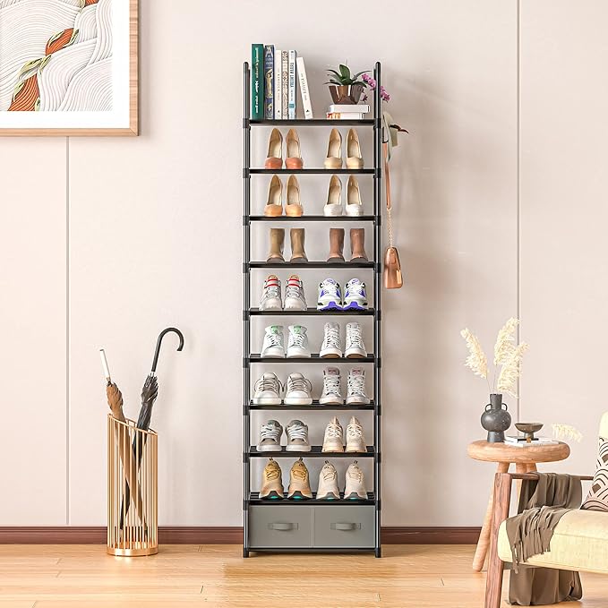 Tall Shoe Rack Narrow 10 Tier Shoes Rack 20 25 Pairs, Shoe Storage Organizer for Closet, Sturdy Metal Shoe Shelf Shoe Stand with 2 Boxes 1 Hook-NeatNest