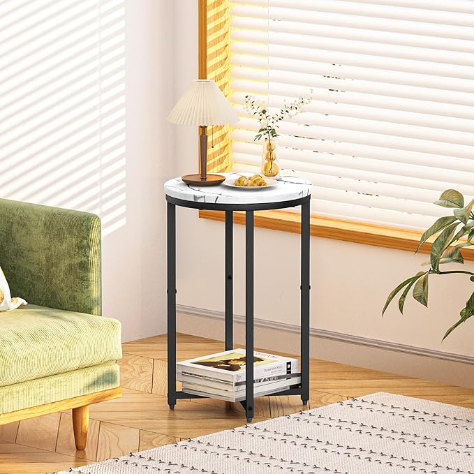 DKLGG Modern Black Side Table Set of 2, Small Coffee Table Round End Table with Black Frame, Faux Marble Bedside Table for Living Room, Bedroom, Small Space, 16" D*24" H